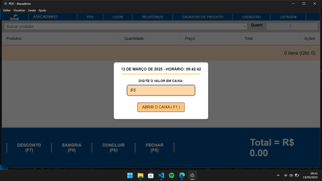 Tela de abertura de caixa
