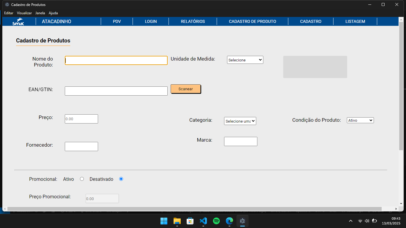 Tela de cadastro de produtos